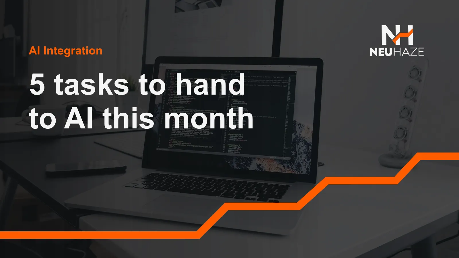 A laptop with code on its screen on a desk, with the title 5 tasks to hand to AI this month
