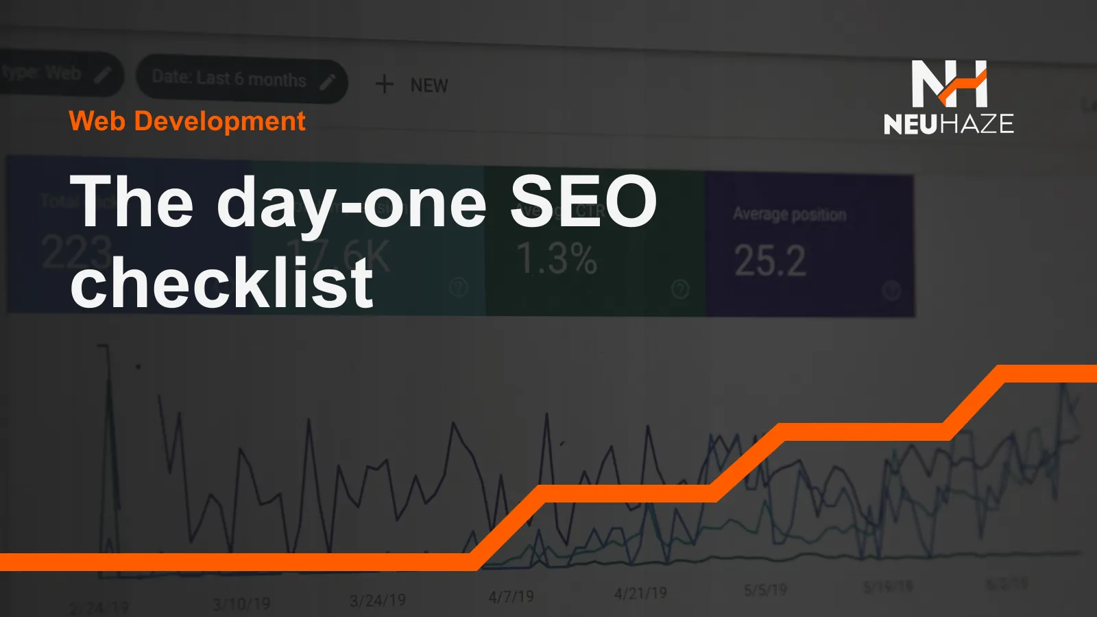 Website analytics on a monitor, with the title The day-one SEO checklist
