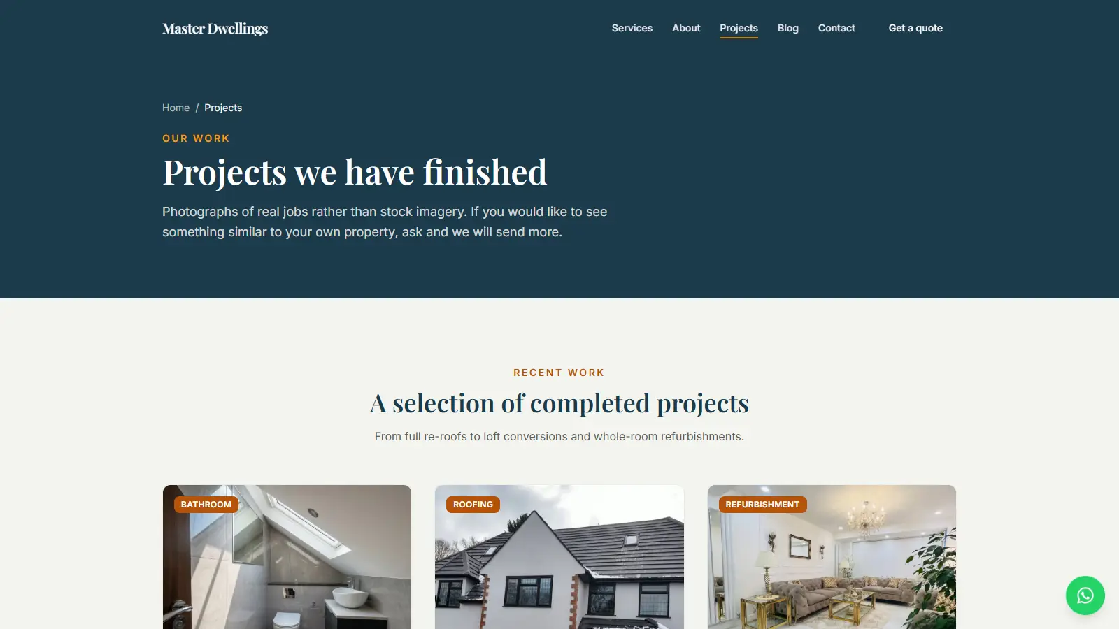 Master Dwellings projects page showing recent building work