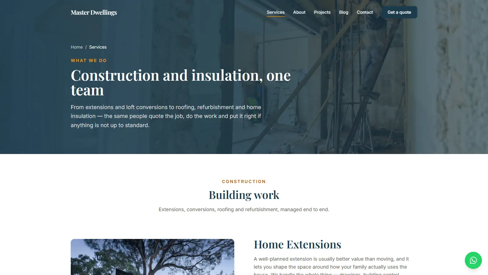 Master Dwellings services page: construction and insulation, one team