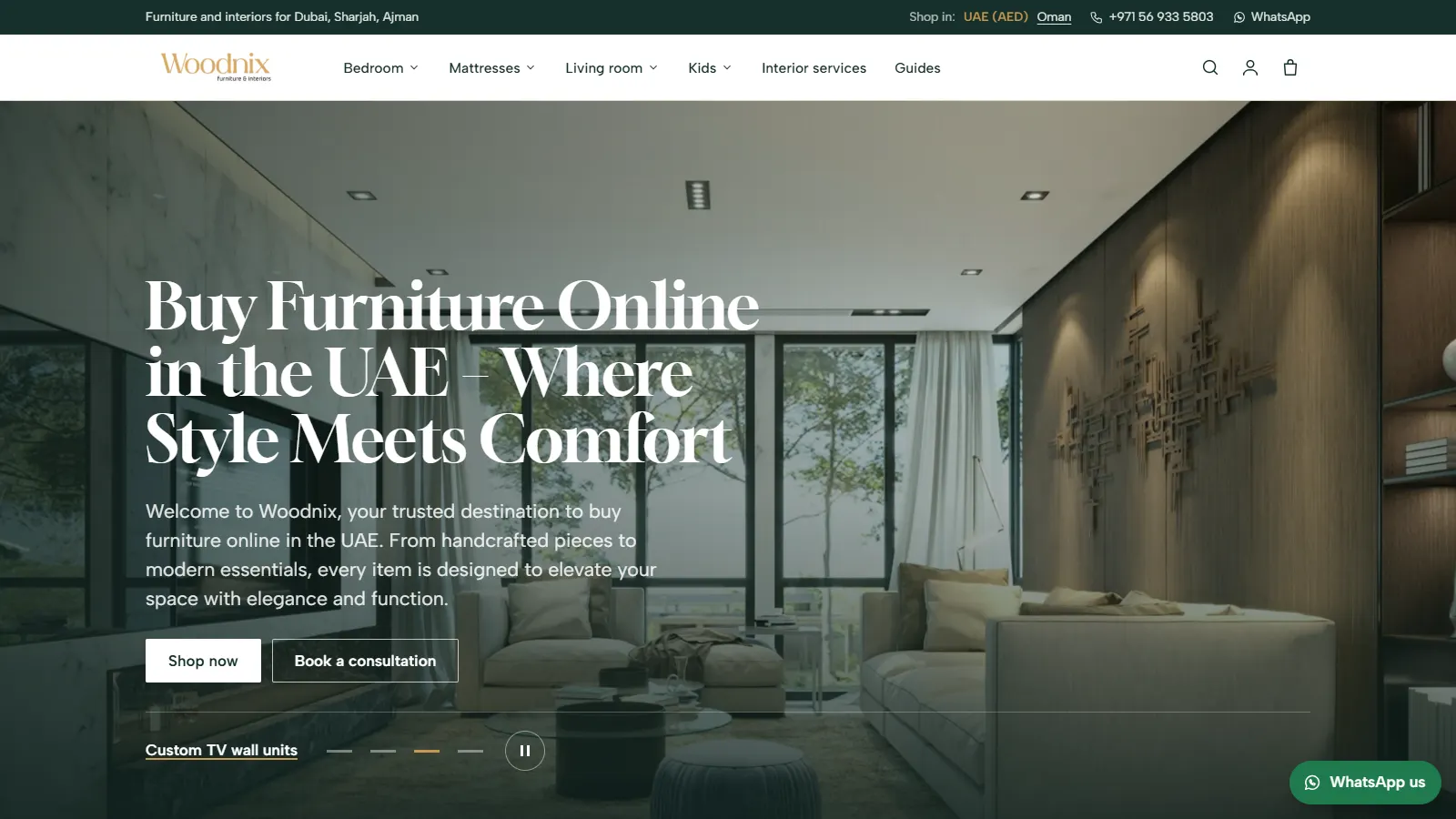 Woodnix home page: Buy Furniture Online in the UAE, Where Style Meets Comfort, over a living room interior