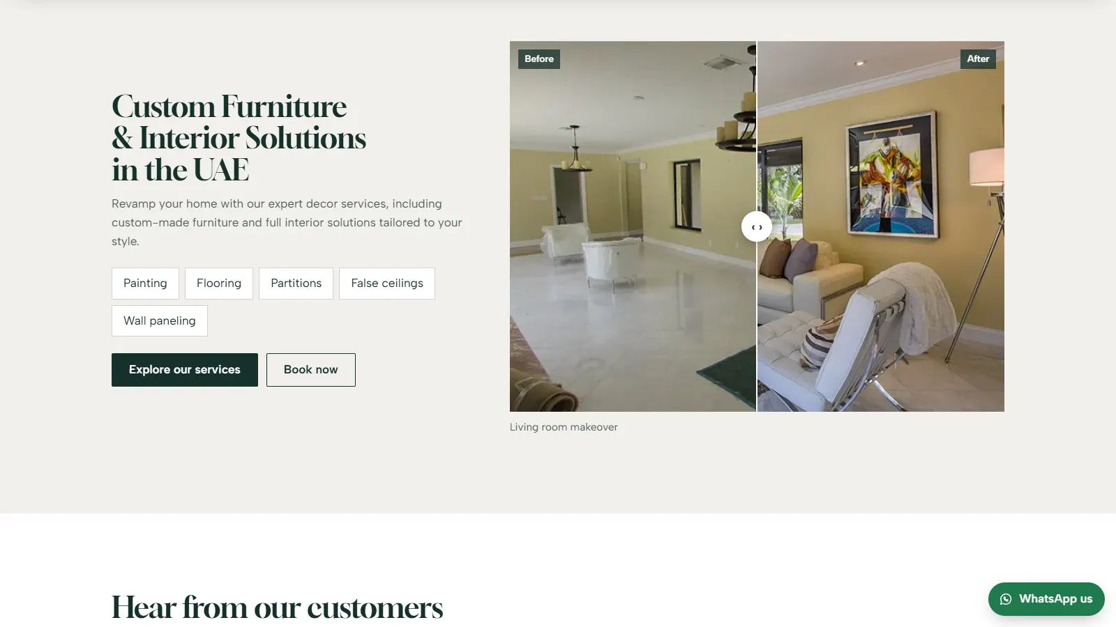 Custom furniture and interior solutions section with a before-and-after living room makeover