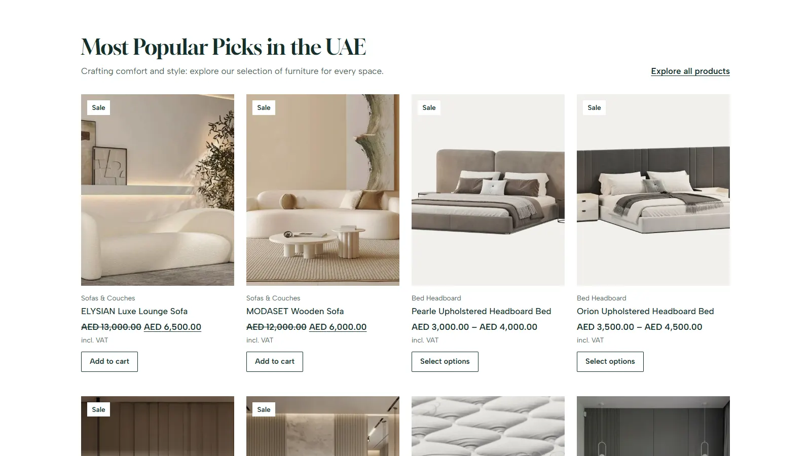 Most Popular Picks in the UAE: sofas and beds with sale prices and add-to-cart buttons