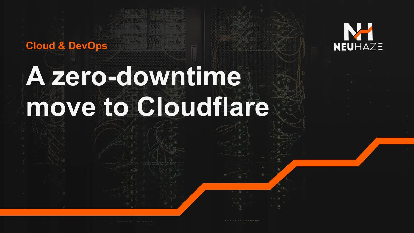 Network cables in a server rack, with the title A zero-downtime move to Cloudflare
